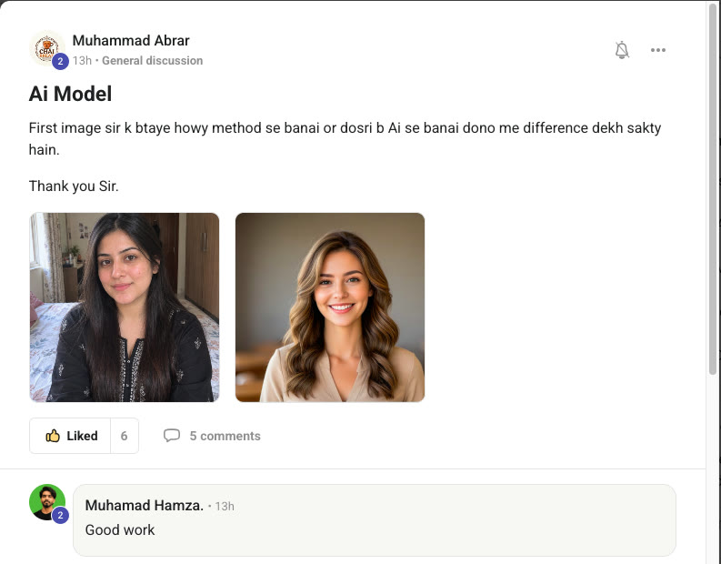 Community post by student Muhammad Abrar: two AI model images he made, one with the method taught in the course